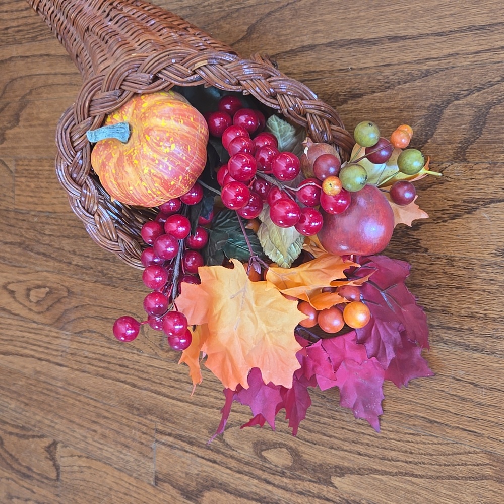 Thanksgiving Cornucopia Horn of Plenty Wicker Basket with Faux Flora - Picture 12 of 13